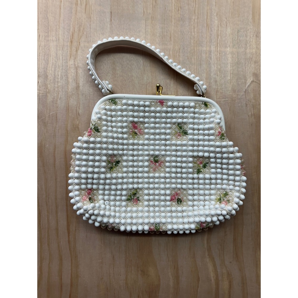 Vintage Grandee Bead White Beaded Handbag Floral Top Handle Kiss Lock Made USA